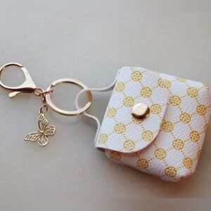 Mini Bag & Butterfly Charm White & Yellow Floral Pattern Gold Keychain Lip Balm